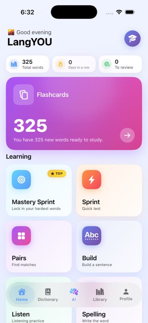 LangYOU app home screen
